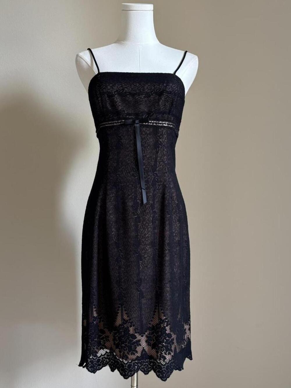 Vintage De Laru Black Lace Sheer Overlay Midi Cocktail Dress Size 5/6